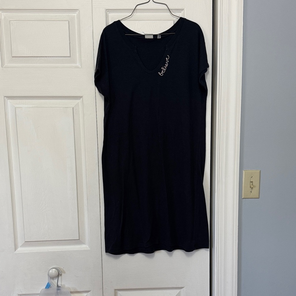 Black V-Neck Shift Dress with Subtle Embroidery